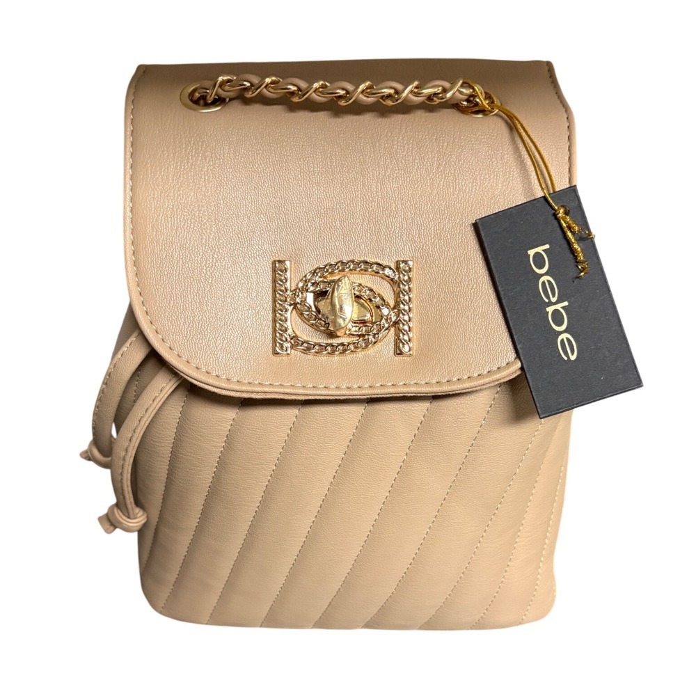 Bebe Quilted Chain Detail Flap Backpack Tan Faux Leather New with Tag